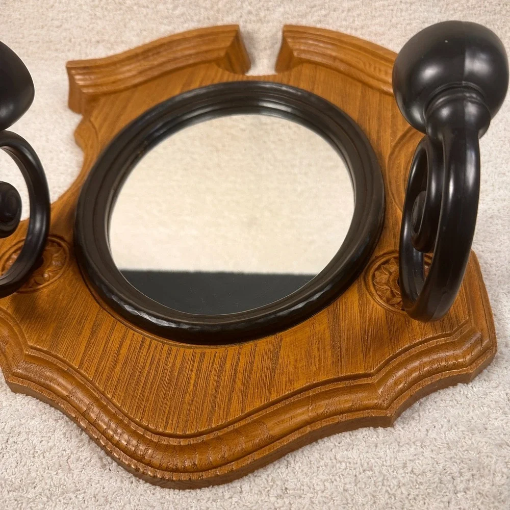 Vintage Faux Wood Shield Wall Mirror Sconce Dual Candle Holder Black Scroll Arms